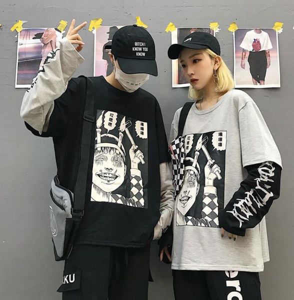 

vintage print loose fake two piece long sleeves sweatshirt, Black