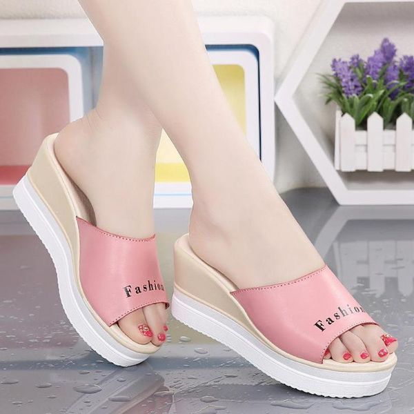 

summer women genuine leather slippers sandal platform wedge high heel flip flops blue pink white simple fashion beach slippers, Black