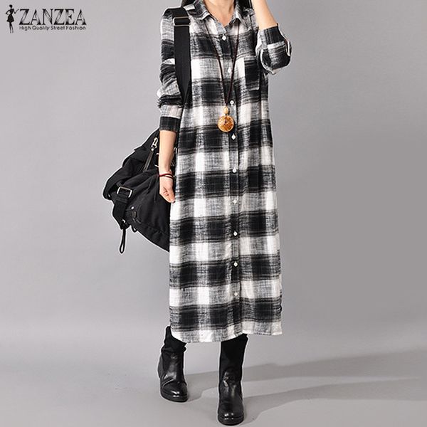 

women plaid checked long dress zanzea autumn lapel neck long sleeve casual shirt vestido robe buttons down cotton sundress tunic, Black;gray