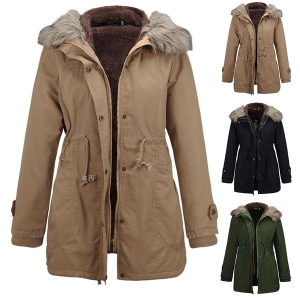 

women jacket hooded with fleece warm female coat fur collar cotton padded outwear winter female long parka coat plus size 2xl, Black