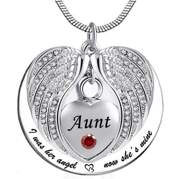 

angel wing memorial keepsake ashes urn pendant birthstone crystal necklace, i used to be his angle, now he's mine -for aunt, Silver