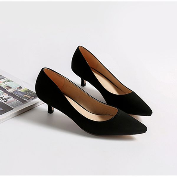 

solid flock pointed toe pumps women slip on office single shoes shallow concise thin low heels footwear woman large size 42/43, Black