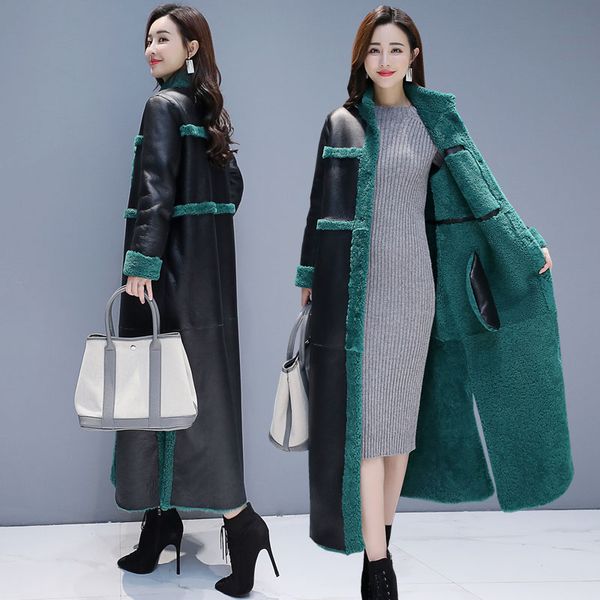 

sheep shearling faux fur coats 2019 x- long warm women's fur coat female plus size winter jacket women real wool overcoat new, Black