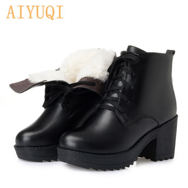 

aiyuqi platform boots women 2020 genuine leather women boots wool thick warm snow plus size, Black