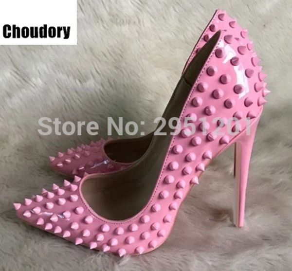 

pointed toe high heels women pumps shoes patent rivets studded spring stiletto pumps wedding shoes big size 35-42, Black