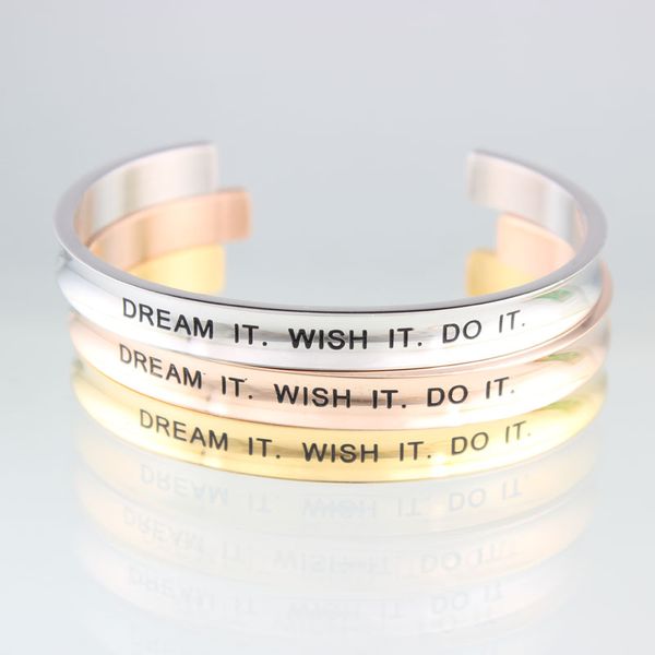 

dream it. wish it. do it inspirational bangle titanium stainless steel 7mm bar open cuff mantra bracelet for family friends, Black