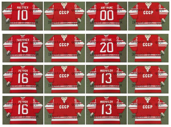 

vintage 1972 team ussr jerseys 16 vladimir petrov 13 mikhailov 15 alexander yakushev 20 vladislav tretiak 10 alexander maltsev custom hockey, Black;red