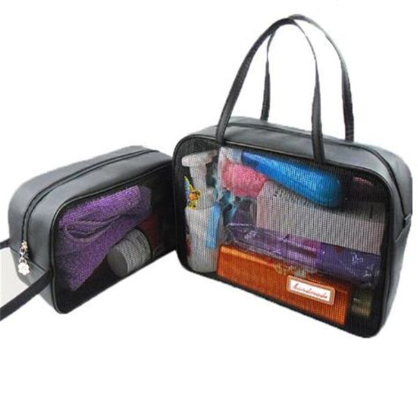 

women's fashion black mesh cosmetic bag transparent lace large capacity cosmetics zipper organizer hand travel toiletry bag
