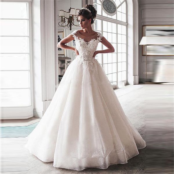 

2020 scoop short sleeves a-line wedding dresses appliques lace bridal gowns bandage back custom made spring wedding wear, White