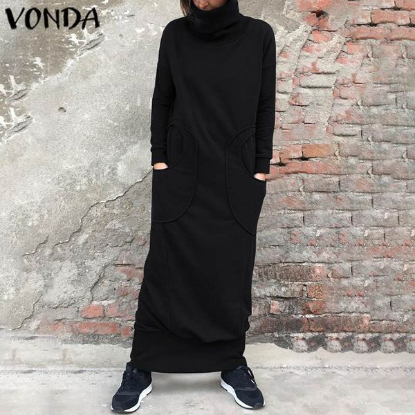 

winter autumn dress women pockets turtle collar long sleeve sweatshirt maxi dress vonda 2019 casual loose plus size vestidos, Black;gray