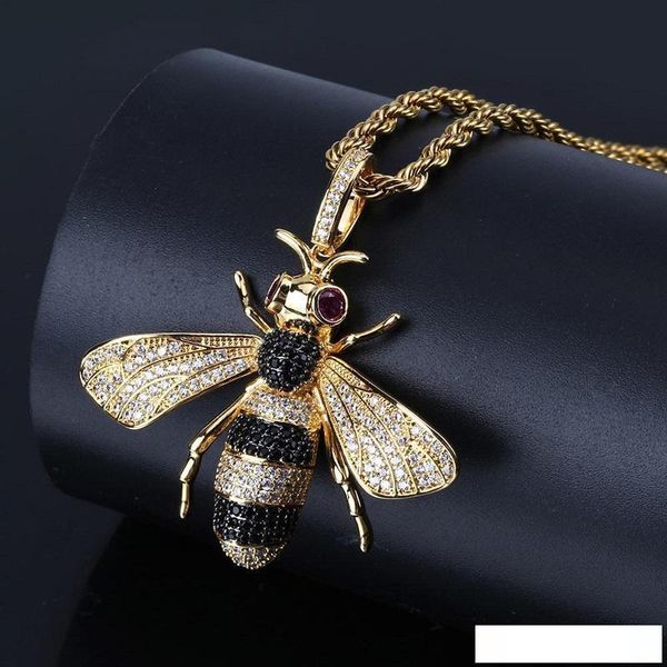 

iced out pendant hip hop jewelry micropave simulated diamond cz bling bee pendant necklace with rope chain for men luxury designer brand, Silver