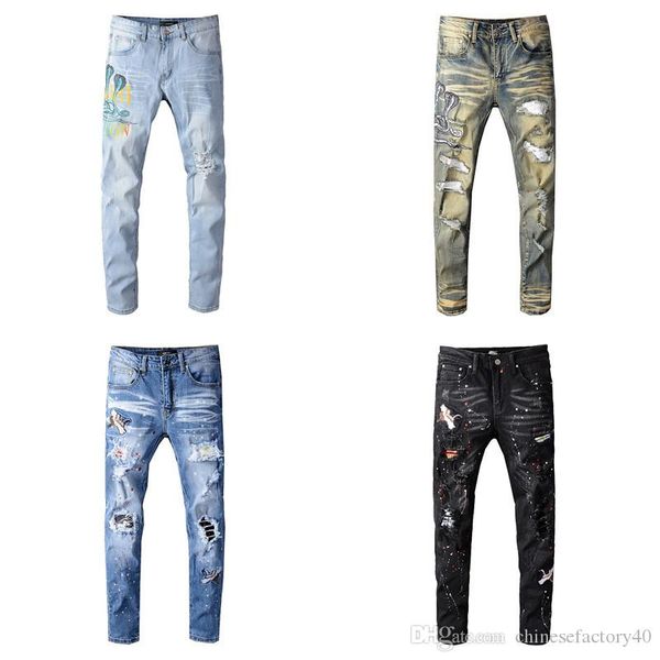 

mens jeans designer pants ripped men hip hop jeans soldier man slim denim straight biker brand ami motorcycle jeans with diamond patches, Blue