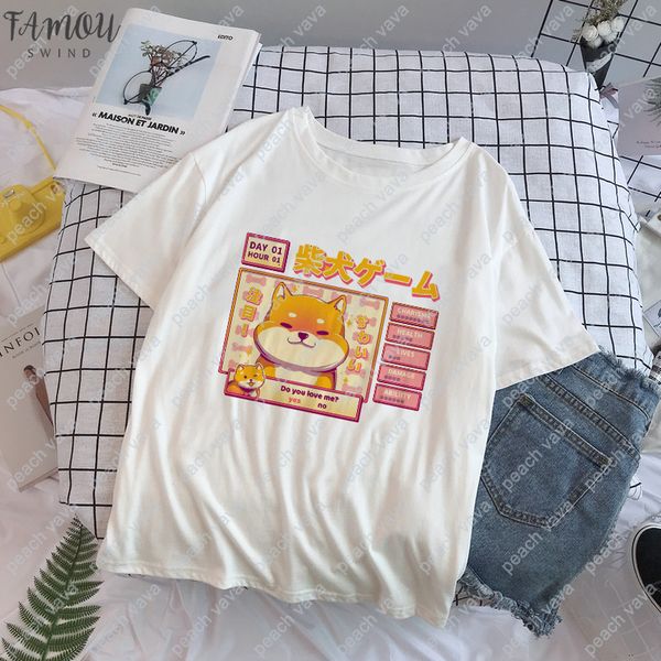 

aesthetic camisas mujer harajuku t shirt kawaii cute shiba inu doge print summer korean streetwear women chic casual tees, White