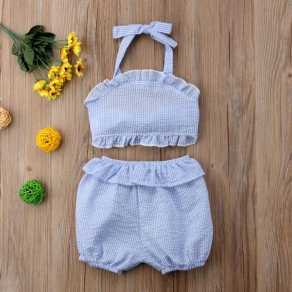 

2pcs newborn toddler cute kids baby girls set plaid crop sleeveless ruffles halter crop shorts outfits summer lovely sunsuit, White