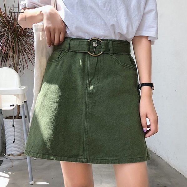 

candy summer women jeans skirt a line belt casual harajuku denim jupe spring mujer wind high waist red khaki skirts, Black