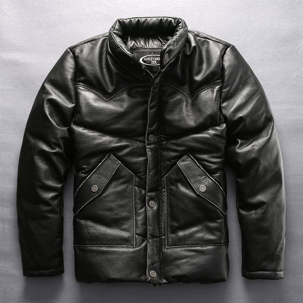 

factory 2019 new men black duck down genuine leather jacket casual thick cowhide russia winter coats ing