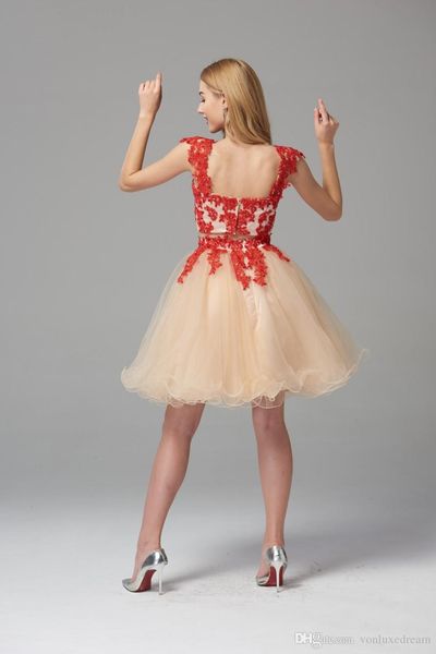 

two pieces cocktail dress elegant cap sleeve applique bead tulle a line short graduation derss
