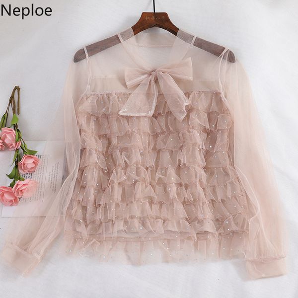 

neploe spring summer 2019 sweet style women new fashion solid full sleeve blouse v-neck flare sleeve mesh short shirts 42933, White