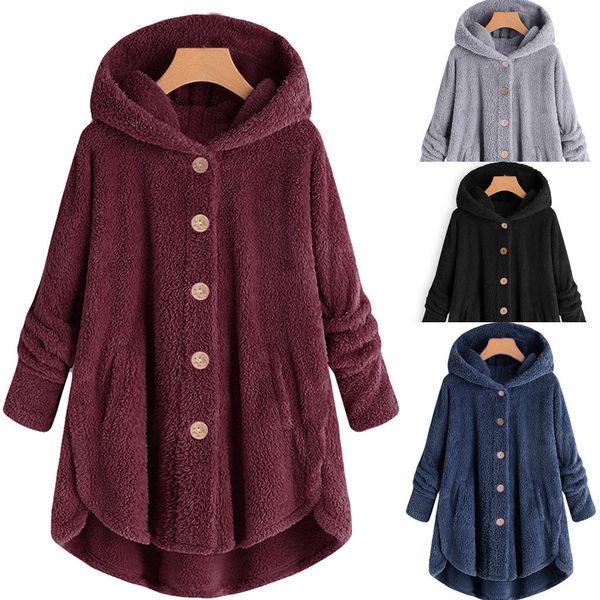 

women plus size button plush hooded loose cardigan wool coat winter jacket, Black