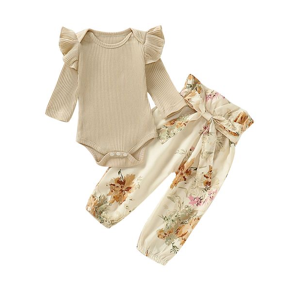 

2020 autumn 0-3t newborn infant baby girl outfits ruffle solid long sleeve romper +floral pants clothes set 2pcs, White