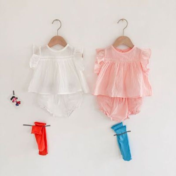 

baby girls clothes set flying sleeve loose bottoming shirt and mesh pp pants 2 pcs set kids summer korean style clothes, White