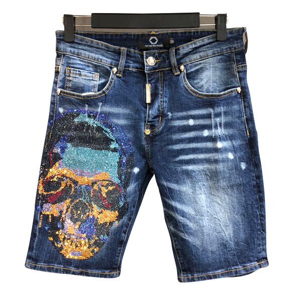 

bag pp original embroidered european version casual fit elastic straight leg leather fold jeans fashion men's pants, Blue