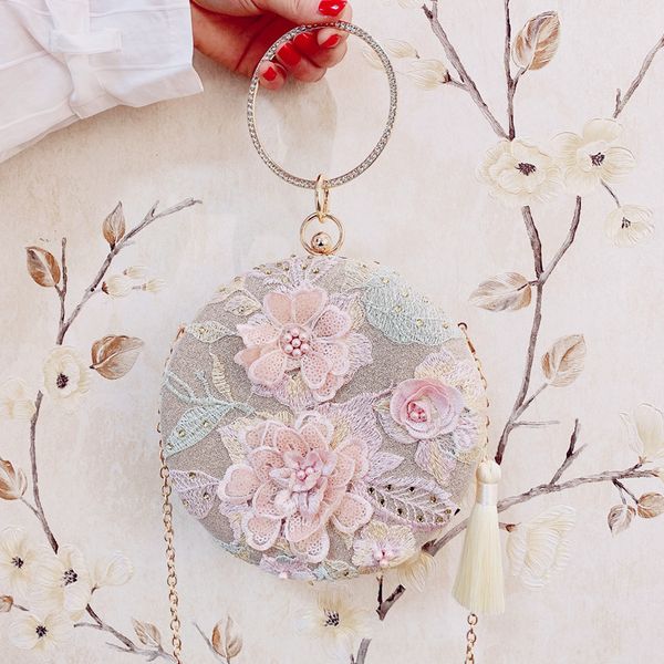 

fggs-new luxury retro tassel evening dress clutch bag embroidery flower round evening bag wallet day wedding handbag