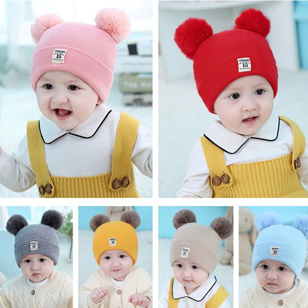 

infant baby knitted hats cartoon pom poms beanie spring autumn skull cap boys girls crochet hat fashion ear muff kids knit beanies 2020, Yellow