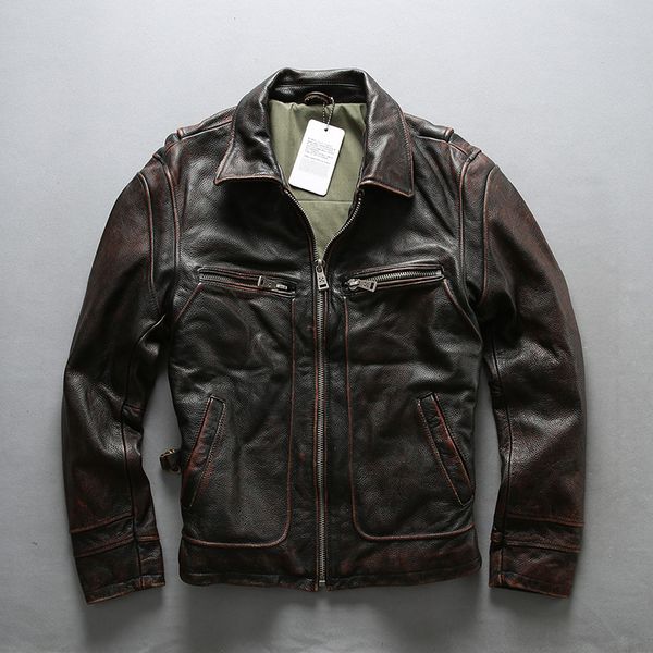 

2020 vintage wash cow leather motorcycle jacket men rust red slim fit short biker jacket men moto leather coat male, Black