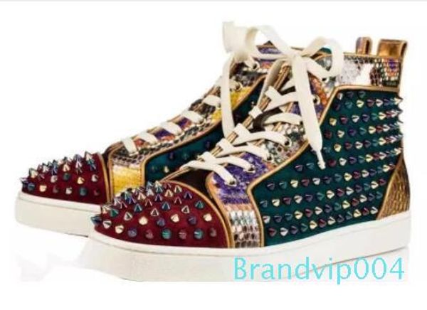 

2019 fashion men sneaker red bottom black crystals spikes men black white genuine leather+big rivets with rhinestone wholesale size 35- 46