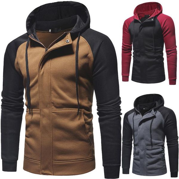 

casual mens designer jackets autumn winter slim zipper drawstring panelled color hooded jackets fashion outdoor mens clothing, Black;brown