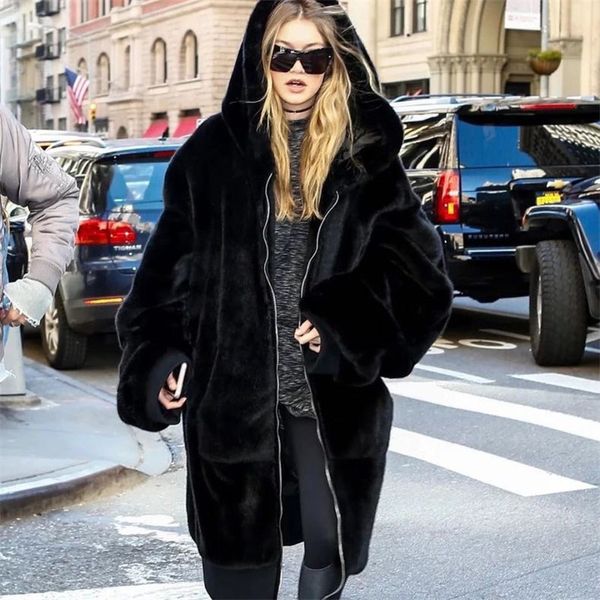 

try everything plus size faux fur coat woman with hood black long faux fur jacket women winter coat oversized hoodie zipper 2019