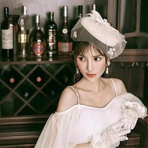 

flower mesh net fascinators hair clip mini hats for wedding party headwear elegant lady wedding accessories pfysl, White