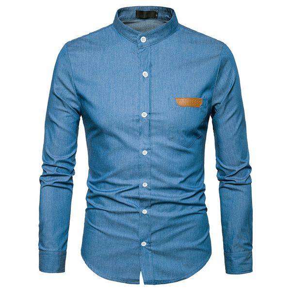 

2019 new spring casual shirt men long sleeves denim shirt mens stand collar solid color brand clothing black blue men shirts y1, White;black