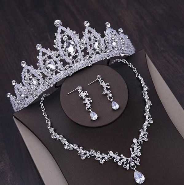 

selling and most beautiful bridal necklace crown three-piece set handmade crystal crown jewelry headdress earrings set ing, Silver