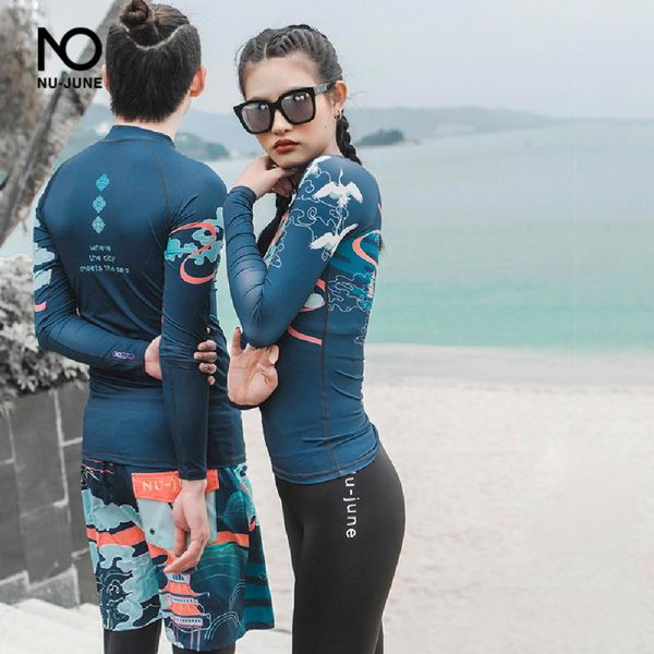 

nu-june women men rashguard swimwear long sleeve rash guard surfing two pieces lovers swimsuit surfing driving bodysuit swim