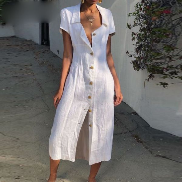 

summer dress woman dresses 3xl women solid short sleeve casual v neck button split hem long dress spring summer shirt dresses vestido, Black;gray
