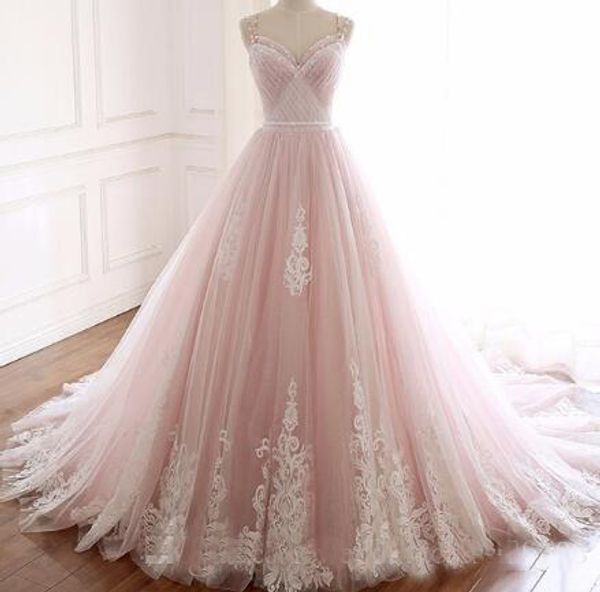 

Elegant Pleated A Line Wedding Dresses 2019 Sexy Spaghetti Straps Appliques Princess Bridal Gown Vestido de Noiva