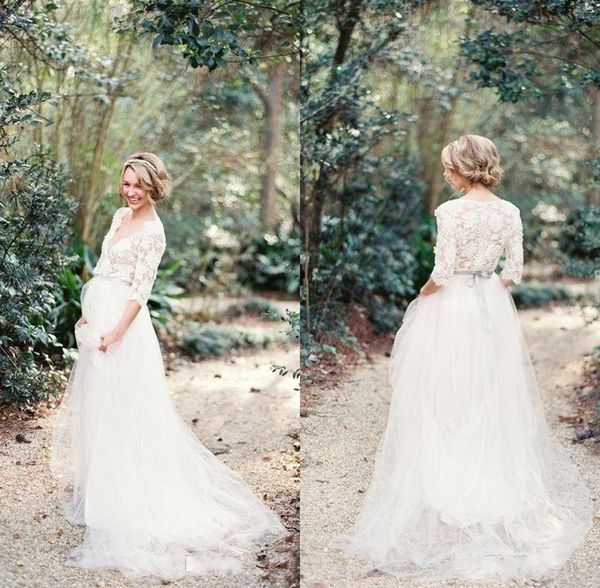 

Modest 2019 Romantic Country Style Lace Wedding Dresses with Half Sleeve Plunging Neck Sash Tulle A Line Pregnant Wedding Dress Bridal Gowns