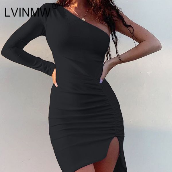 

lvinmw solid one shoulder ruched side split bodycon mini dress 2019 winter women backless dresses female party club clothes, Black;gray