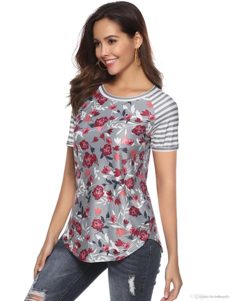 

floral printed t-shirt for womens summer girl clothing crew neck panelled short sleeve summer designer shirt, White