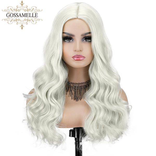 

gossamelle ash platinum blonde none lace wig long wavy synthetic wigs for women cosplay wigs high temperature fiber, Black