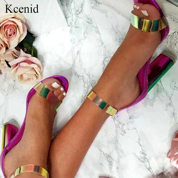

kcenid 2020 new summer woman open sandals multi-color pvc ankle strap ladies shoes chunky high heels women sandals size 40, Black