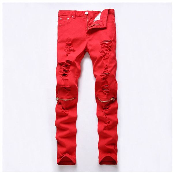 

men active hole jeans brand special red biker fashion zipper design pencil pants ripped denim jean night club casual slim skinny, Blue