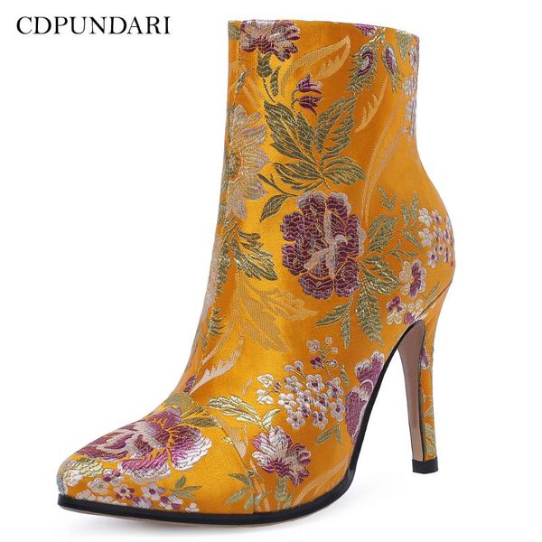 

boots silk embroider ankle for women high heel ladies spring shoes woman, Black