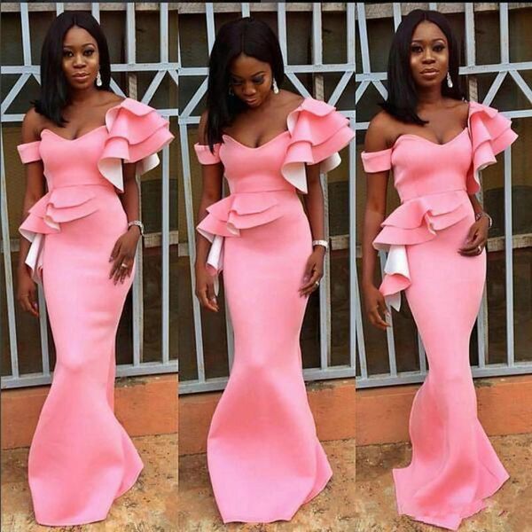 

south african off the shoulder prom dresses pink layered peplum mermaid evening gowns satin floor length formal party vestido de fiesta, Black;red