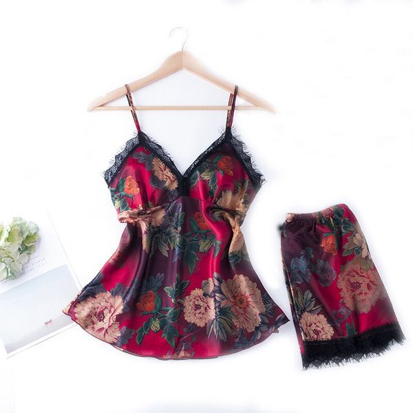 

floral satin pyjamas women pajamas lingerie lace women sleepwear with chest pads 2019 spring elegant silk pijama home wear, Black;red