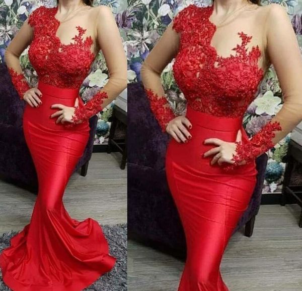 2020 Simples elegante pura ilusão mangas compridas vermelhos Prom ata da sereia até o chão Formal Wear Partido Evening vestidos baratos do baile de finalistas