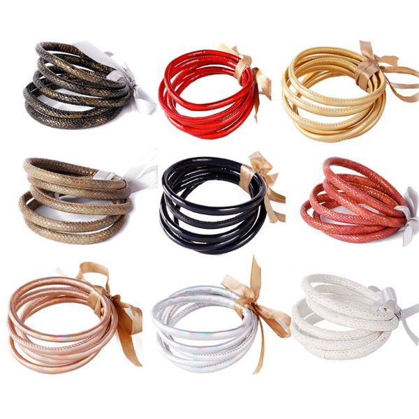 

5pcs bohemia glitter jelly bangle bracelet set bowtie pu leather hoop bracelets, Black