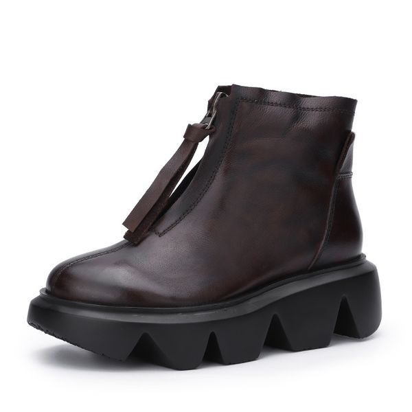 

johnature retro ankle boots 2019 new autumn genuine leather women shoes zip round toe wedges concise sewing platform boots, Black